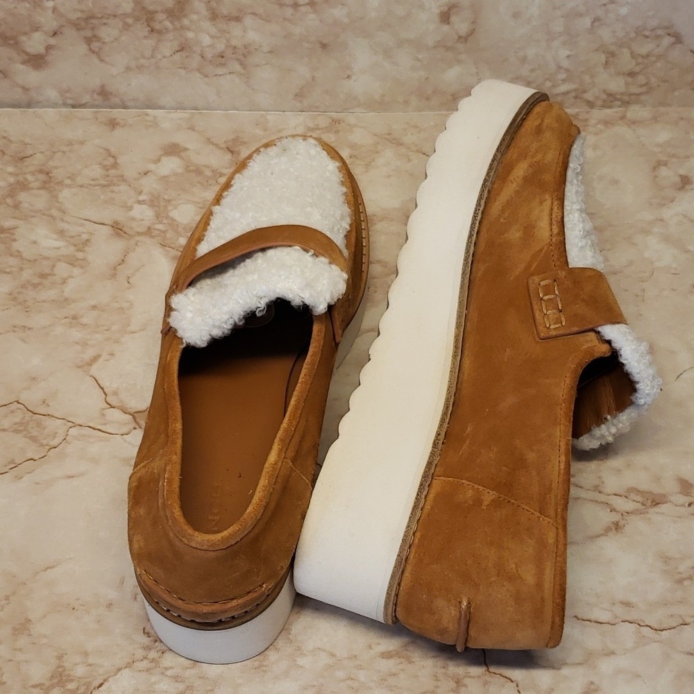 Vince tan suede and cream faux sherpa platforms women's loafers size 9 - Picture 6 of 8